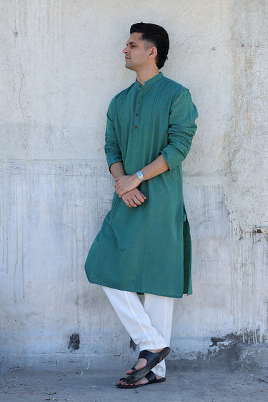 Aqua Blue Yarn Dyed Fine Cotton Flax Men Long Kurta Full Sleeves MLKFS12257