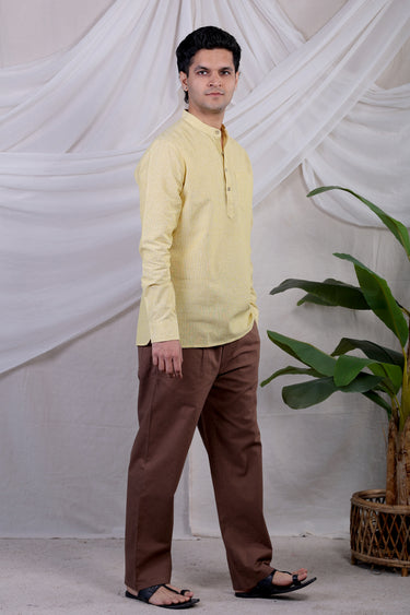 Warm Yellow Stripes South Cotton Flax Men Short Kurta