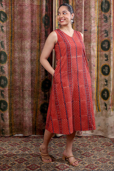Rust Dhabu Cotton Women Midi Dress Sleeveless WDRSL253C13