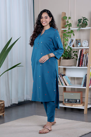 Peacock Blue Dobby South Cotton Women Long Kurta