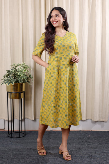 Mustard Bagru Cotton Women Midi Dress Long Sleeves WDRLS252C25