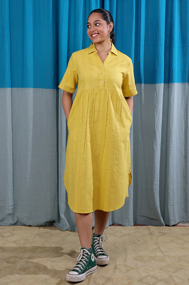 Mustard Yellow Dobby Stripes Natural Cotton Linen Women Midi Dress