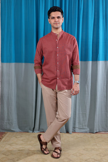 Rust Brown Stripes South Cotton Men Shirt Full Sleeves MSHFS253C7