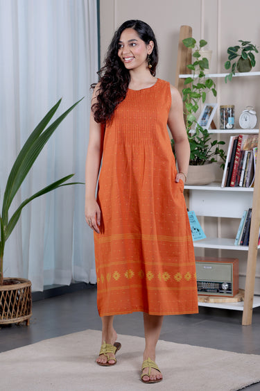 Sienna Orange Panel Border South Cotton Women Midi Dress