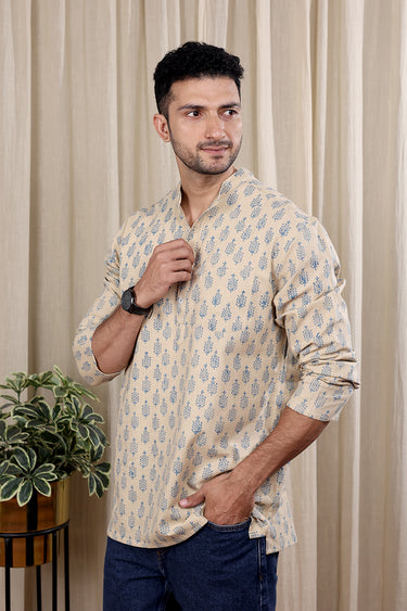 Beige Sanganeri Cotton Flax Herring Bone Men Short Kurta Full Sleeves MSKFS252C2
