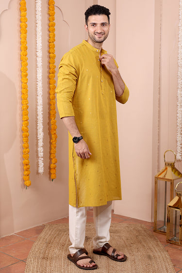 Mustard Gold Butti South Cotton Men Long Kurta Full Sleeves MLKFS252C29