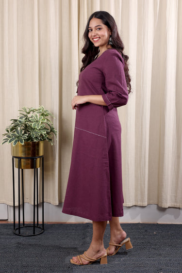 Purple Prune Hand Dyed Cotton Linen Women Midi Dress Long Sleeves WDRLS252C19