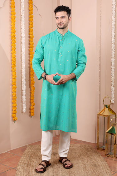 Green Gold Butti South Cotton Men Long Kurta Full Sleeves MLKFS252C30