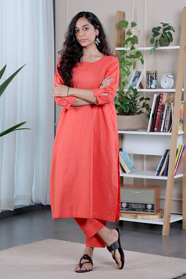Dark Coral Dyed Classic Cotton Linen Women Long Kurta
