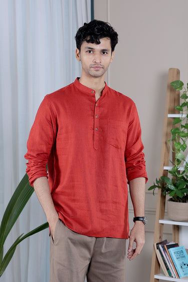 Brick Red Dyed Lyocell Linen Men Short Kurta