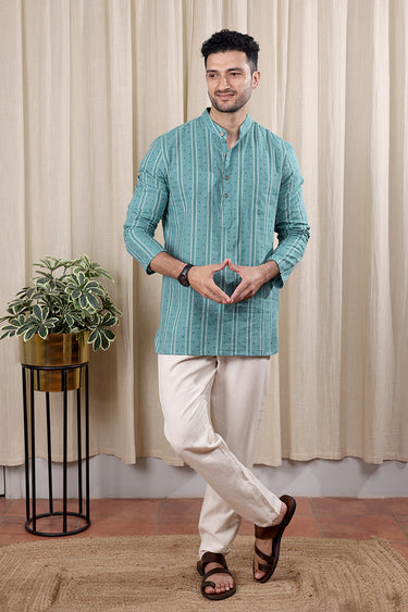 Dark Turquoise Dobby Stripes South Cotton Men Short Kurta Full Sleeves MSKFS252C53