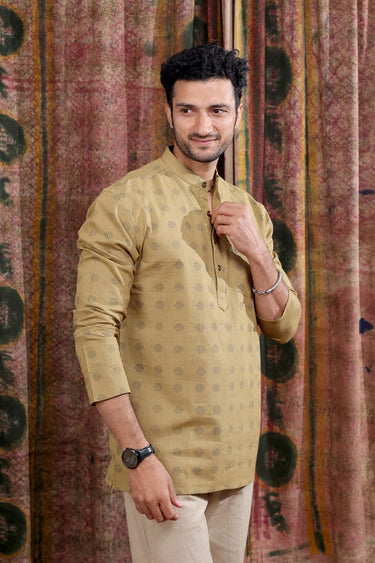 Mud Brown Sanganeri Cotton Linen Men Short Kurta Full Sleeves MSKFS252C65