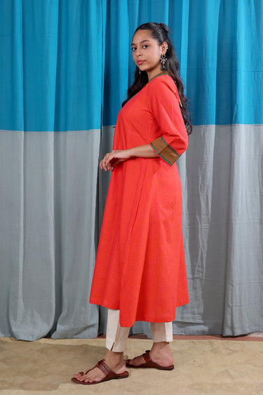 Coral Red Temple Border South Cotton Women Long Kurta Long Sleeves WLKLS122514