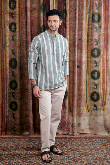 Forest Green Stripes Cotton Linen Men Short Kurta Full Sleeves MSKFS252C62