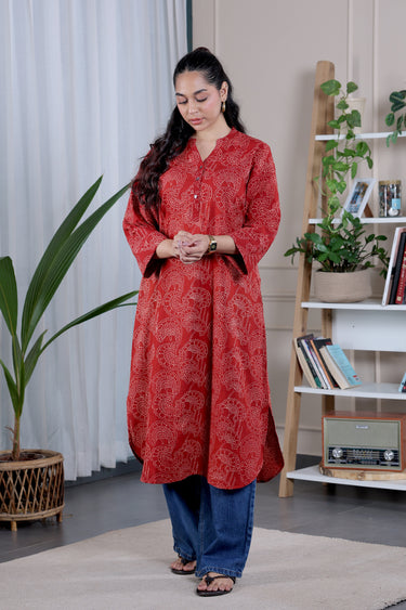 Rust Ajrakh Cotton Women Long Kurta