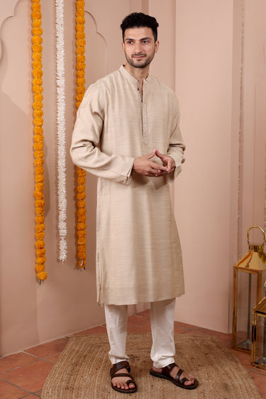 Beige Mukaish Work Silk Viscose Slub Men Long Kurta Full Sleeves MLKFS252C40