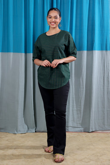 Forest Green Sttripes Zari South Cotton Women Kurti Long Sleeves WKILS122512