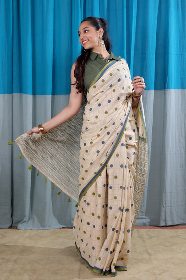 Teal Green Sanganeri Cotton Malmal Dobby Saree