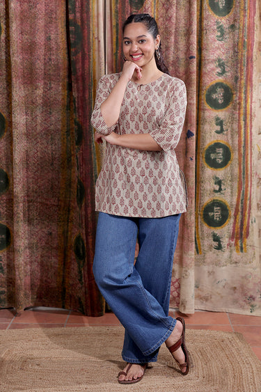 Rust Bagru Cotton Flax Women Kurti Long Sleeves WKILS253C43