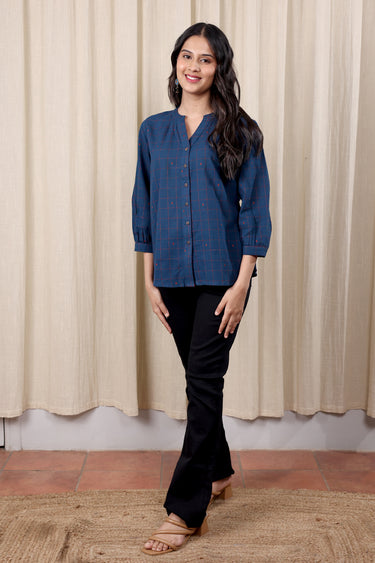 Blue Dobby South Cotton Women Short Top Long Sleeves WSTLS252C3