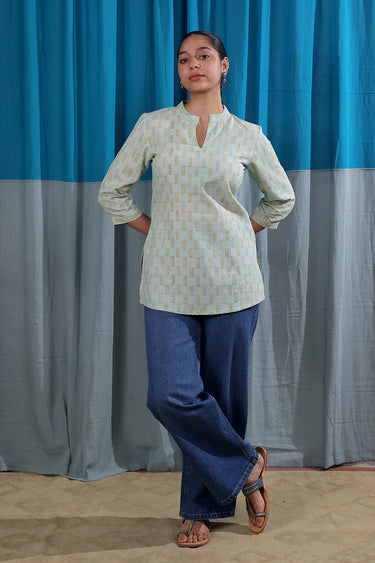 Sea Green Sanganeri Natural Cotton Linen Women Kurti