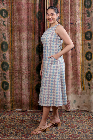 Purple Blue Sanganeri Cotton Linen Women Midi Dress Sleeveless WDRSL253C18