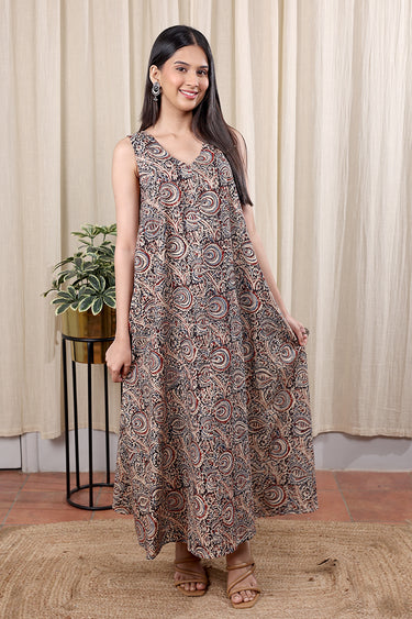 Beige Kalamkari Cotton Women Maxi Dress Sleeveless WMDSL252C5