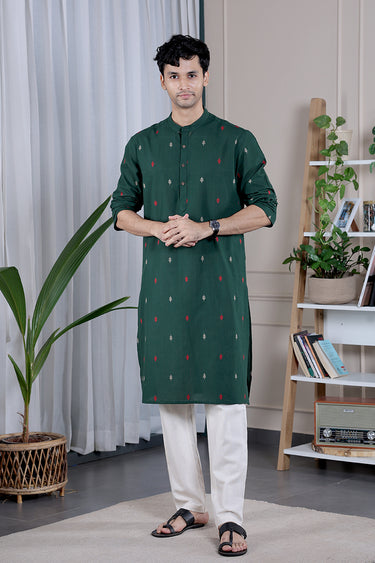 Emerald Green Dobby South Cotton Men Long Kurta
