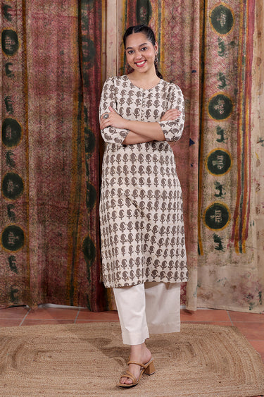 Grey Dhabu Cotton Flax Women Long Kurta