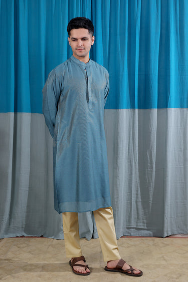 Teal Blue Stripes Zari Chanderi Silk Men Long Kurta