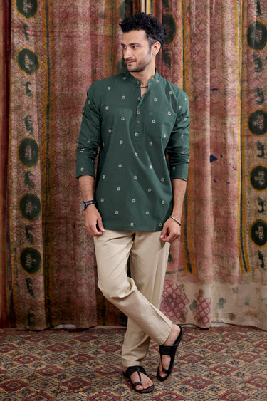 Forest Green Dobby Buti South Cotton Men Short Kurta Full Sleeves MSKFS252C79