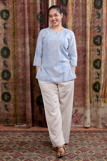 Blue Sanganeri Cotton Flax Women Kurti Long Sleeves WKILS253C62