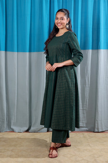 Forest Green Thick Stripes Zari South Cotton Women Long Kurta Long Sleeves WLKLS253C67