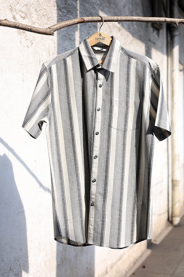 Black Stripes Cotton Linen Men Shirt Half Sleeves MSHHS253C6