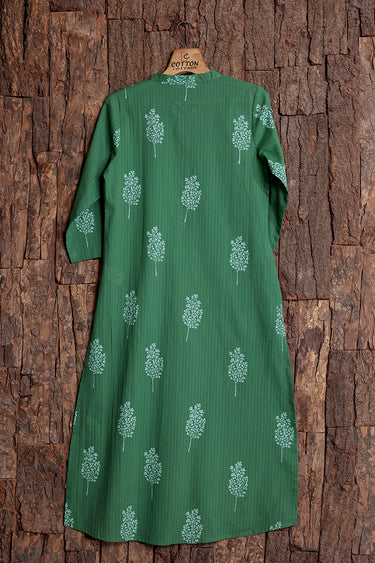 Forest Green Sanganeri Cotton Misdent  Women Long Kurta