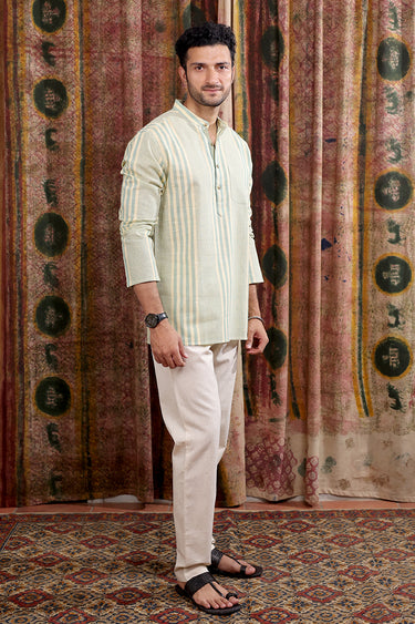 Sea Blue Stripes Cotton Linen Men Short Kurta Full Sleeves MSKFS253C3