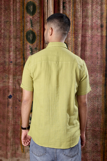 Leaf Green Hand Dyed Cotton Double Cloth Men Shirt Half Sleeves MSHHS251C22