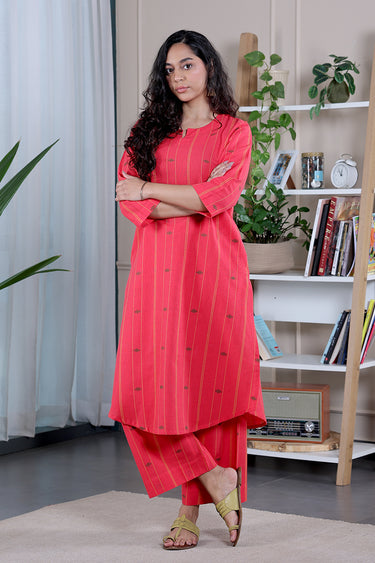 Red Stripes Dobby Fine Cotton Flax Women Long Kurta