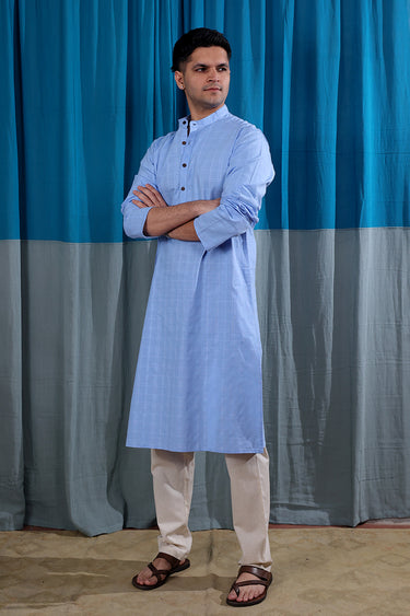 Powder Blue Dobby Checks Natural Cotton Linen Men Long Kurta Full Sleeves MLKFS122517
