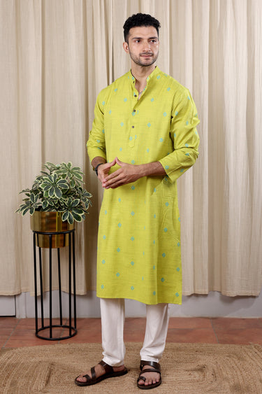 Lime Green Dobby South Cotton Men Long Kurta Full Sleeves MLKFS252C9
