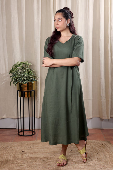 Forest Green Hand Dyed Lyocell Linen Women Midi Dress Long Sleeves WDRLS252C6