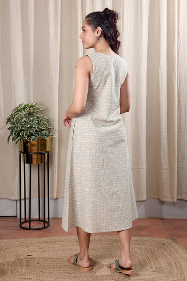 Grey Sanganeri Cotton Flax Women Midi Dress Sleeveless WDRSL252C4