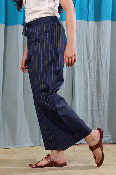 Prussian Blue Stripes Zari South Cotton Women Flared Pant