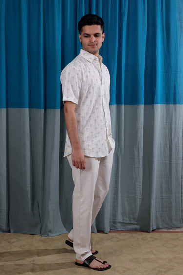 Pastel Green Sanganeri Natural Cotton Linen Men Shirt Half Sleeves MSHHS12255