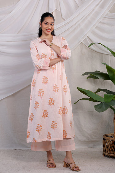Tropical Peach Checks Cotton Dobby Women Flared Pant