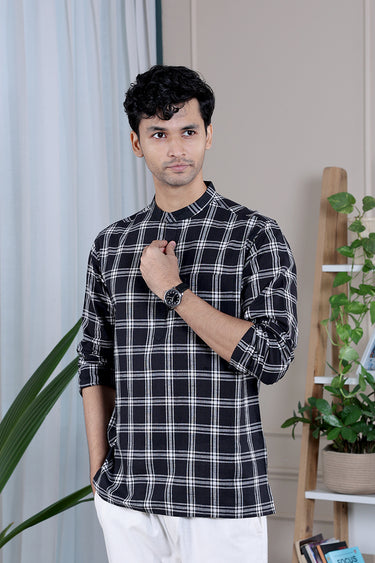 Black Checks South Cotton Men Short Kurta