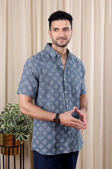 Dark Blue Sanganeri Amber Cotton Men Shirt Half Sleeves MSHHS252C13