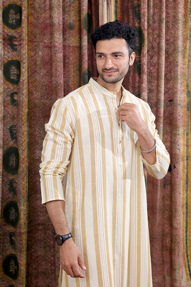 Mustard Stripes Cotton Linen Men Long Kurta Full Sleeves MLKFS253C31