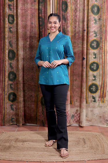 Dark Teal Zari Buti South Cotton Women Kurti Long Sleeves WKILS253C60