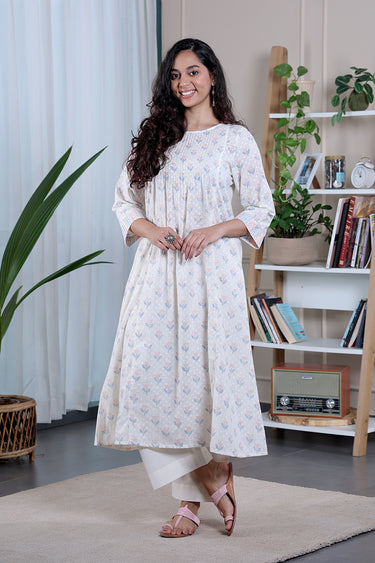 Pastel Peach Sanganeri Cotton Dobby Women Long Kurta